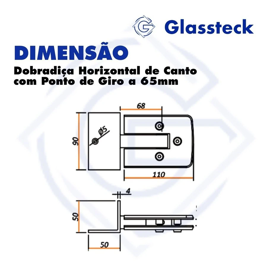 Dobradiça Horizontal de Canto com Ponto de Giro a 65mm -2